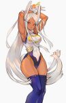  1girl alpaca_carlesi animal_ears armpits arms_behind_head bangs bare_shoulders boku_no_hero_academia breasts carrot crescent_print dark-skinned_female dark_skin feet_out_of_frame fur_collar gloves highleg highleg_leotard highres holding holding_carrot leotard long_eyelashes long_hair looking_at_viewer mirko open_mouth purple_thighhighs rabbit_ears rabbit_girl rabbit_tail red_eyes signature simple_background sleeveless_turtleneck_leotard solo standing tail taut_leotard teeth thighhighs thighs toned very_long_hair white_background white_gloves white_hair white_leotard 