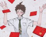  1boy :d ahoge anno_(mori_0082) arms_up bangs blush breast_pocket closed_eyes collared_shirt danganronpa_(series) danganronpa_2:_goodbye_despair envelope green_necktie grey_shirt highres hinata_hajime necktie open_mouth pocket print_necktie shirt short_hair smile solo upper_body 