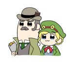  1boy 1girl :3 ace_attorney bkub_(style) blonde_hair blue_eyes bow bowtie braid chibi coat collared_shirt facial_hair fish_and_chips food gina_lestrade green_coat green_headwear grey_eyes grey_hair hat holding holding_food iko_(world-fabrication) jacket long_sleeves lowres mustache necktie old old_man parody shirt short_hair simple_background smile style_parody the_great_ace_attorney tobias_gregson white_background 