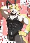  &lt;3 2023 abs abstract_background anthro bow_tie bulge bunny_costume canid canine canis card clothed clothing costume crossdressing digital_drawing_(artwork) digital_media_(artwork) domestic_dog fake_ears fake_rabbit_ears fur hair hi_res kiramofu male mammal muscular muscular_anthro muscular_male pecs playing_card red_background simple_background solo white_body white_fur white_hair yellow_body yellow_eyes yellow_fur 