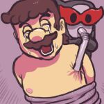  2boys bound brown_hair closed_eyes crying drinking_straw emphasis_lines eye_mask facial_hair mario mario_(series) multiple_boys mustache nipple_torture open_mouth paper_mario purple_background rope shy_bandit simple_background sucking_male_nipple tamaiyuu tears topless_male upper_body 