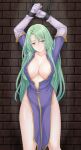  1girl absurdres arms_up bare_legs bound breasts brick_wall cecilia_(fire_emblem) chain cleavage collarbone cowboy_shot cuffs dress elbow_gloves fire_emblem fire_emblem:_the_binding_blade gloves ham_pon highres large_breasts long_hair open_clothes pelvic_curtain purple_dress restrained shackles solo tied_up_(nonsexual) very_long_hair white_gloves 