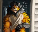  anthro avarice_panthera_leo black_hair black_stripes blue_nose dialoge felid hair half-closed_eyes hybrid karrnade liger male mammal muscular muscular_anthro muscular_male narrowed_eyes pantherine pecs red_eyes solo stripes yellow_body 