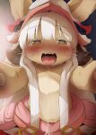  1girl after_kiss body_fur brown_eyes dagasi fangs furry furry_female hat heart heart-shaped_pupils highres long_hair made_in_abyss nanachi_(made_in_abyss) open_mouth pov saliva saliva_trail solo sweat symbol-shaped_pupils teeth upper_teeth_only whiskers white_hair 