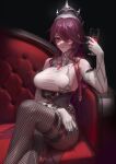  1girl bare_shoulders black_background breasts claw_ring coif couch cup dress drink drinking_glass elbow_gloves elbow_rest feet_out_of_frame fishnet_pantyhose fishnets genshin_impact gloves hand_up holding holding_cup holding_drink large_breasts on_couch pantyhose red_eyes red_hair red_wine rosaria_(genshin_impact) short_hair sideboob sidelocks signature sitting sleeveless sleeveless_dress solo stormstx thighs wine_glass 