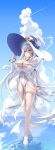  1girl absurdres blue_eyes breasts bridal_gauntlets cleavage closed_mouth commission dress dungeon_and_fighter earrings full_body groin hand_up hat high_heels highres huge_breasts jewelry long_hair looking_at_viewer no_panties pelvic_curtain second-party_source skindentation smile sohyeonja solo standing standing_on_liquid tacco_(tikeworld) thigh_strap thighs very_long_hair water white_dress white_footwear white_hair white_headwear witch_hat 