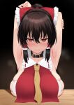  1girl armpits arms_up blush bow breast_rest breasts breasts_on_table brown_hair collar frilled_bow frilled_hair_tubes frills hair_bow hair_tubes hakurei_reimu highres large_breasts looking_at_viewer necktie red_bow red_eyes sidelocks solo steaming_body sweat touhou try_(lsc) yellow_necktie 