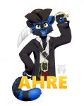  2019 anthro biped black_body black_fur black_nose black_tail blue_body blue_ears blue_fur blue_pawpads blue_tail bottomwear clothed clothing felid feline fleurfurr fur hi_res male mammal monotone_ears multicolored_body multicolored_fur pants pawpads pirate shirt simple_background solo tail topwear two_tone_body two_tone_fur two_tone_tail watermark white_background yellow_eyes 