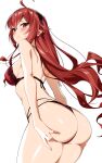  1girl ahoge ass ass_focus blush bra breasts commentary_request embarrassed eris_greyrat from_behind hair_between_eyes highres long_hair looking_at_viewer looking_back medium_breasts mushoku_tensei omagacchu panties red_bra red_eyes red_hair red_panties shiny_skin sideboob signature simple_background solo sweatdrop underwear underwear_only very_long_hair white_background 