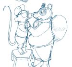  2023 anthro biped bottomwear canid canine clothing duo eyewear glasses hi_res high_rhulain male mammal mouse murid murine nose_kiss pants raccoon_dog rodent shirt simple_background size_difference sketch slightly_chubby tanuki topwear 