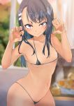  1girl armpits bikini black_hair blurry blurry_background blush breasts brown_eyes butt_crack closed_mouth dark-skinned_female dark_skin ijiranaide_nagatoro-san long_hair looking_at_viewer menda_cocoa nagatoro_hayase navel panties paw_pose shoulder_blades small_breasts swimsuit thick_thighs thighs thong_bikini underwear 