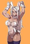  1girl 7a_(se7ena) abs animal_ears armpits arms_up bangs blush boku_no_hero_academia breasts cleavage cowboy_shot dark-skinned_female dark_skin fur_collar gloves grin highres large_breasts leotard long_hair mirko muscular muscular_female navel orange_background parted_bangs playboy_bunny purple_thighhighs rabbit_ears rabbit_tail red_eyes see-through see-through_leotard simple_background smile solo tail thighhighs white_gloves white_hair white_leotard 