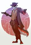  2023 4_toes 5_fingers anthro canid canine clothed clothing digital_media_(artwork) feet fingers free-opium gun hat headgear headwear hi_res male mammal ranged_weapon red_eyes solo toes weapon 