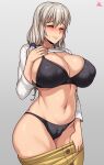  1girl absurdres artist_name bangs black_bra black_panties blush bra breasts cameltoe cleavage closed_eyes closed_mouth clothes_lift clothes_pull commentary covered_nipples grey_background grey_hair hair_between_eyes hand_up highres jmg lifted_by_self long_hair long_sleeves mature_female navel panties pulled_by_self raised_eyebrows shirt shirt_lift skindentation skirt skirt_pull sweatdrop thick_thighs thighs underwear uzaki-chan_wa_asobitai! uzaki_tsuki very_long_hair white_shirt yellow_skirt 