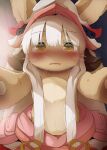  1girl bangs blunt_bangs blush body_fur brown_eyes dagasi fangs furry furry_female hat highres long_hair looking_at_viewer made_in_abyss nanachi_(made_in_abyss) pov solo sweat wavy_mouth whiskers white_hair 