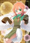  1girl absurdres artist_name cape detached_sleeves feathered_wings feathers green_eyes harikochokan harpy harpy_(maou-jou_de_oyasumi) head_wings highres looking_at_viewer maou-jou_de_oyasumi monster_girl open_mouth pink_hair short_hair sleeves_past_fingers sleeves_past_wrists smile solo wings 