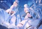  2girls artist_request aurora azur_lane bare_shoulders blonde_hair blue_bow blue_eyes boots bow brown_pantyhose coat coat_dress cone_hair_bun cross dress from_side fur-trimmed_dress fur_hat fur_trim gloves hair_bun hair_horns hair_ornament hair_over_one_eye hat high_collar highres kiev_(azur_lane) knee_boots le_terrible_(azur_lane) long_hair multiple_girls official_art one_eye_covered pantyhose papakha pom_pom_(clothes) pom_pom_hair_ornament sitting sleeves_past_fingers sleeves_past_wrists snow twintails two-tone_gloves very_long_hair very_long_sleeves white_coat white_gloves winter 
