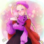  1girl antenna_hair beret black_skirt blonde_hair blue_eyes blush braid breasts buttons cammy_white cape casual commentary_request dated forehead hat high-waist_skirt highres long_hair long_sleeves looking_away low_twin_braids medium_breasts misodiru pink_sweater puffy_long_sleeves puffy_sleeves purple_headwear red_cape ribbed_sweater skirt solo street_fighter sweater turtleneck turtleneck_sweater twin_braids 