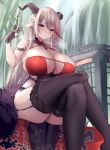  1girl absurdres aegir_(azur_lane) aegir_(golden_dragon_among_auspicious_clouds)_(azur_lane) azur_lane black_garter_straps black_gloves black_horns black_thighhighs breasts center_opening chinese_clothes cleavage criss-cross_halter crossed_legs demon_horns earrings feather_boa feet_out_of_frame framed_breasts from_below gloves grey_hair hair_on_horn halterneck hand_in_own_hair highres horn_ornament horns huge_breasts jewelry lace-trimmed_legwear lace_trim looking_at_viewer multicolored_hair official_alternate_costume pelvic_curtain red_hair sitting skindentation solo streaked_hair thighhighs two-tone_hair yellow_eyes yuuki_shuri 