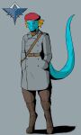 absurd_res anthro belt beret blue_body blue_eyes blue_scales boots bottomwear clothed clothing footwear foxhole foxhole:_persistant_online_warfare frill_(disambiguation) fully_clothed hands_in_both_pockets hat headgear headwear hi_res lizard male overcoat pants pockets reptile scales scalie solo space_station_13 srusu_rskuzu_(character) tail the_man unathi uniform warden_uniform 