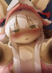  1girl blush body_fur brown_eyes dagasi furry furry_female hat highres imminent_kiss long_hair looking_at_viewer made_in_abyss nanachi_(made_in_abyss) open_mouth pov solo sweat white_hair 