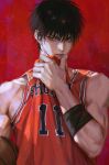  1boy bangs bare_shoulders basketball_jersey basketball_uniform black_eyes black_hair black_wristband commentary_request eyelashes grey_eyes hair_between_eyes hand_up highres jersey korean_commentary lips looking_at_viewer looking_away male_focus parted_lips red_background red_shirt rukawa_kaede shirt short_hair simple_background slam_dunk_(series) sleeveless sleeveless_shirt solo sportswear sweat upper_body wiping_sweat wristband zero_q_0q 