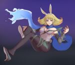  1girl alternate_costume animal_ears bare_shoulders blonde_hair breasts cm_lynarc fake_animal_ears full_body gradient_background high_heels kid_icarus kid_icarus_uprising looking_at_viewer phosphora playboy_bunny purple_eyes rabbit_ears scarf sitting smile solo 