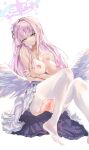  1girl angel_wings arms_under_breasts bangs blue_archive breast_hold breasts collarbone crossed_arms feet foot_out_of_frame hair_intakes hair_ornament halo head_tilt high-waist_skirt highres huuuuu_(ddakji79) knees_up long_hair looking_at_viewer low_wings medium_breasts mika_(blue_archive) nipples pantyhose pink_hair pussy sidelocks simple_background sitting skirt smile solo thighband_pantyhose torn_clothes torn_pantyhose white_background white_pantyhose white_skirt white_wings wings yellow_eyes 