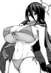  1girl bikini blue_archive blush breasts breath commentary_request covered_nipples gloves groin hair_between_eyes halo hasumi_(blue_archive) highres huge_breasts kanno_takanori long_hair low_wings monochrome navel scarf side-tie_bikini_bottom solo sweatdrop swimsuit wings 