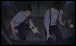  2boys ace_attorney armband black_hair black_pants blue_eyes calico cat collared_shirt cup drinking_glass evening hand_on_own_knee holding holding_cup kazuma_asogi looking_at_another male_focus multiple_boys officinale_t outdoors pants ryunosuke_naruhodo shirt short_hair sitting sliding_doors suspenders the_great_ace_attorney wagahai_(ace_attorney) white_shirt 
