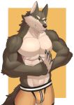  2022 abs anthro boxer_briefs canid canine canis clothed clothing digital_drawing_(artwork) digital_media_(artwork) fist_in_palm fur grey_body grey_fur hi_res kiramofu male mammal pecs simple_background solo tan_body tan_fur topless topless_anthro topless_male underwear wolf yellow_background yellow_boxer_briefs yellow_clothing yellow_eyes yellow_underwear 