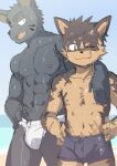  abs anthro bulge canid canine canis clothed clothing domestic_dog duo hi_res leeksaltboy male mammal muscular muscular_male one_eye_closed pecs teenager topless wet xiaozhuang_(leeksaltboy) young 