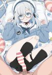  1girl absurdres bag bar_censor barefoot bed beret blue_eyes blue_hair blush censored cum cum_in_pussy footjob glasses hair_ornament hat highres looking_at_viewer medium_hair nijisanji no_shoes penis pillow pov school_uniform soles solo toes virtual_youtuber virtuareal ycyc yua_(virtuareal) 