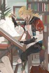  1boy blonde_hair book bookshelf character_request drawing foot_out_of_frame from_side genshin_impact highres jewelry male_focus mumu_vosp plant potted_plant profile sitting solo 