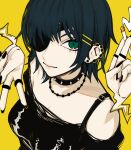  1girl bangs black_hair black_nails black_tank_top chainsaw_man collar disembodied_limb ear_piercing earrings eyepatch ghost_devil_(chainsaw_man) green_eyes hair_ornament hairclip himeno_(chainsaw_man) industrial_piercing jewelry looking_at_viewer multiple_piercings multiple_rings necklace piercing ring sailen0 short_hair simple_background solo spiked_collar spikes stud_earrings tank_top v yellow_background 