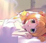  1boy 1girl cardcaptor_sakura cigarette closed_eyes female_child green_eyes himewachi kero kinomoto_sakura navel on_bed open_mouth pillow smoke smoking 