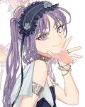  1girl armlet bangs black_headdress bracelet choker e1voipius52iwof euryale_(fate) fate/grand_order fate_(series) frilled_headwear frills grey_eyes halo hand_on_own_chin headdress highres jewelry long_hair looking_at_viewer purple_hair ring simple_background smile solo twintails upper_body white_background 