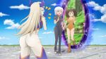  ! ass black_footwear black_jumpsuit blonde_hair blue_eyes bodysuit boku_no_hero_academia brown_hair city crossover diane_(nanatsu_no_taizai) excited giant giantess ginormica holding_hands horns jenny_secret jumpsuit leg_tattoo monsters_vs._aliens mount_lady nanatsu_no_taizai orange_bodysuit orange_footwear portal_(object) purple_bodysuit tattoo trait_connection white_hair 