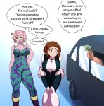  1boy 2girls :o anger_vein ashido_mina black_sclera bodysuit boku_no_hero_academia boots breasts brown_eyes brown_hair colored_sclera domino_mask english_text geshkaw ground_vehicle hand_on_hip highres holding holding_money large_breasts mask money motor_vehicle multiple_girls pink_hair prostitution short_hair speech_bubble standing sweatdrop uraraka_ochako van yellow_eyes 