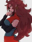  1girl android_21 black_nails black_sleeves breasts brown_hair checkered_clothes checkered_dress closed_mouth detached_sleeves dragon_ball dragon_ball_fighterz dress earrings grey_background hoop_earrings jewelry kemachiku long_hair red_eyes sideways_glance simple_background smile solo upper_body 