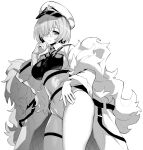  1girl azur_lane bandage_over_one_eye breasts closed_mouth covered_navel fur-trimmed_jacket fur_trim greyscale hair_between_eyes hair_over_one_eye hat hori_(hori_no_su) jacket kuybyshev_(azur_lane) leotard monochrome off_shoulder official_art peaked_cap short_hair sideboob solo standing thigh_strap 