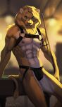  abs anthro biped bondage_gear countershade_torso countershading cue_stick felid fur harness hi_res lion lynncore male mammal mane muscular muscular_anthro nipples pantherine solo tail tail_tuft tuft yellow_body yellow_fur 