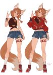  1girl \n/ animal_ear_fluff animal_ears arm_at_side artist_name bare_arms bare_shoulders braid brown_eyes brown_hair commentary earrings fox_ears fox_girl fox_tail full_body head_tilt highres jacket jewelry khiara_(personal_ami) legs_apart long_hair long_sleeves multiple_views navel navel_piercing original personal_ami piercing red_jacket short_shorts shorts simple_background single_earring sleeveless slit_pupils socks standing symbol-only_commentary tail thigh_strap torn_clothes torn_shorts twin_braids white_background white_socks 