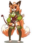  2021 2_tails 3_toes absurd_res anthro archer arrow_(weapon) biped blush bottomwear bow_(weapon) brown_ears canid canine clothing corset diamond_(marking) digital_drawing_(artwork) digital_media_(artwork) dipstick_tail feet female fluffy fluffy_tail fox full-length_portrait fur green_clothing hair hi_res hunter jasminthemanticore legwear lingerie lisa_(jasminthemanticore) looking_at_viewer mammal markings multi_tail open_mouth open_smile orange_body orange_fur orange_hair portrait ranged_weapon shorts simple_background smile solo standing tail tail_markings toes topwear weapon white_background yellow_sclera 