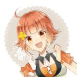  1girl blush highres lace_background looking_at_viewer multicolored_background open_mouth orange_eyes orange_hair orange_shirt purple_background shirt short_hair short_sleeves smile solo togawa_chisa tsukino_talent_production tsukiuta vest white_background white_vest yuramero67 