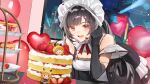  1girl annabella_(tower_of_fantasy) balloon black_gloves black_hair breasts cake cameo elbow_gloves food gloves highres indoors looking_at_viewer maid medium_breasts mi-a_(tower_of_fantasy) night open_mouth red_eyes shotgunman solo strawberry_shortcake tower_of_fantasy tray window 
