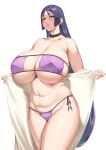  1girl absurdres bangs bare_shoulders beads bikini blush breasts choker cleavage collarbone eyepatch_bikini fate/grand_order fate_(series) hakai_shin highres huge_breasts long_hair looking_at_viewer minamoto_no_raikou_(fate) minamoto_no_raikou_(swimsuit_lancer)_(fate) navel parted_bangs parted_lips purple_bikini purple_eyes purple_hair smile solo swimsuit thighs towel very_long_hair white_background 