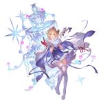  1girl bangs blonde_hair blue_dress blue_eyes boots cape dress europa_(granblue_fantasy) floating full_body fur-trimmed_boots fur-trimmed_cape fur-trimmed_dress fur-trimmed_gloves fur_trim gloves granblue_fantasy hands_up looking_at_viewer medium_hair minaba_hideo official_alternate_costume official_art open_mouth short_dress simple_background solo thigh_boots transparent_background white_cape white_footwear white_gloves 