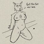  asphalt canadian_lynx chest_tuft claws command felid feline female kneeling leaning leaning_back looking_at_viewer lynx mammal nude slightly_chubby solo speech_bubble tuft 