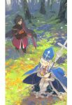 1boy 1girl black_hair braid cape closed_eyes constantine_xi_(fate) cross earrings fate/grand_order fate_(series) flower food forest from_above fruit hat highres jewelry kitada mitre nature pope_joan_(fate) smile staff tunic white_hair 